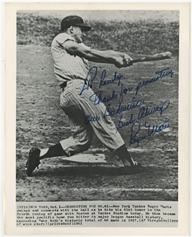 1961 Roger Maris Signed and Inscribed 8 x 10 Wire Photograph of Maris Hitting 61st Home Run (PSA/DNA)
